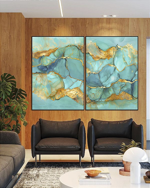 Duo de Quadros Efeito Mármore Abstrato Verde Turquesa Dourado Canvas Moldura