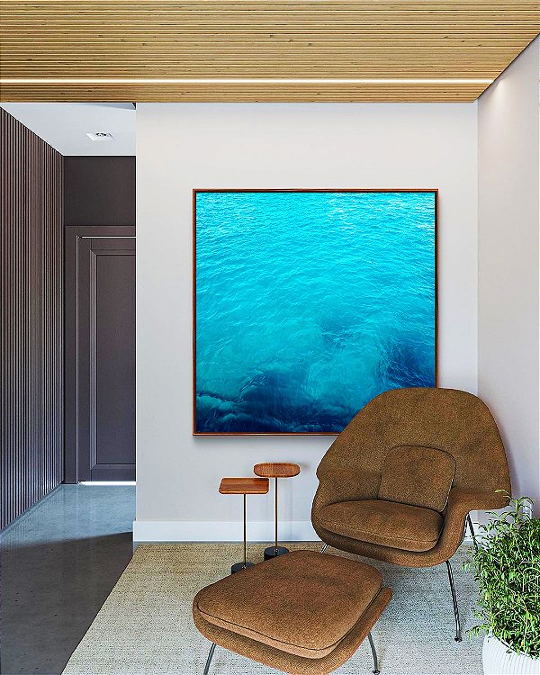 Quadro Quadrado Mar de Águas Claras Tons de Azul Oceano Canvas Moldura
