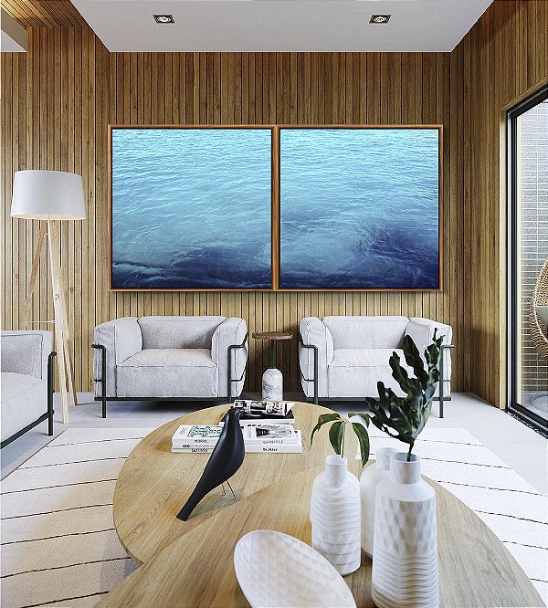 Duo de Quadros Quadrados Mar de Águas Claras Tons de Azul Oceano Canvas Moldura