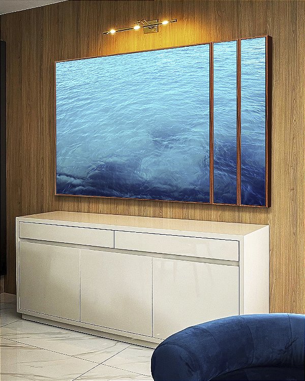 Trio de Quadros Estilizados Mar de Águas Claras Tons de Azul Oceano Canvas Moldura