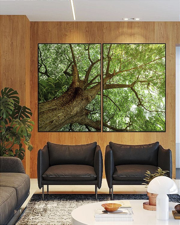 Duo de Quadros Copa de Árvore com Folhagem Verde Viva Paisagem Canvas Moldura