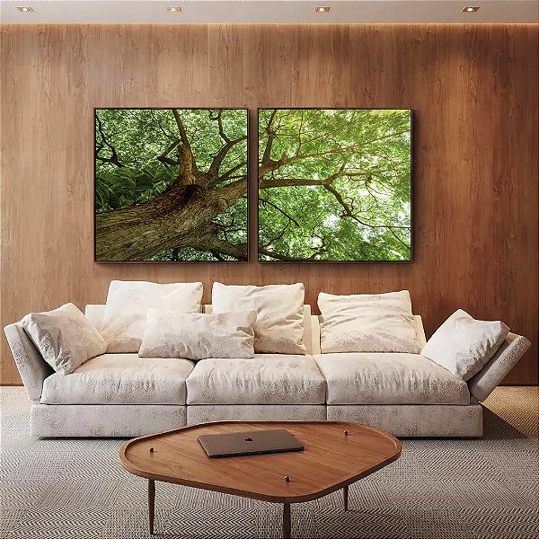 Duo de Quadros Quadrados Copa de Árvore com Folhagem Verde Viva Paisagem Canvas Moldura