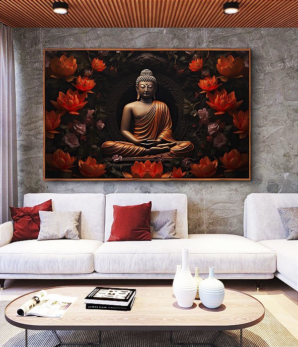 Quadro Horizontal Buda Bronze Vermelho Laranja Flor de Lótus Canvas Moldura