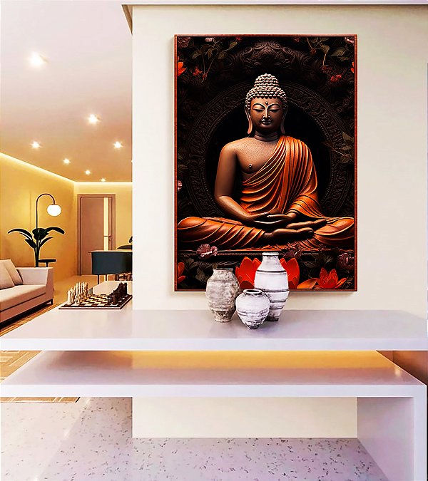 Quadro Vertical Buda Bronze Vermelho Laranja Flor de Lótus Canvas Moldura