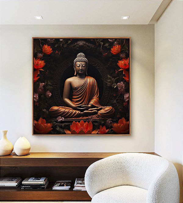 Quadro Quadrado Buda Bronze Vermelho Laranja Flor de Lótus Canvas Moldura