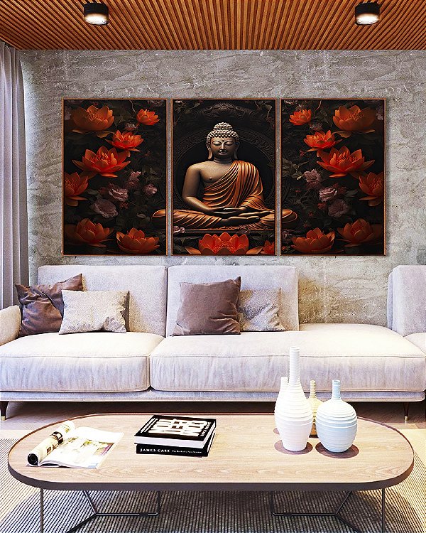 Trio de Quadros Buda Bronze Vermelho Laranja Flor de Lótus Canvas Moldura