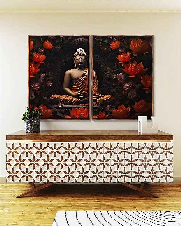 Duo de Quadros Buda Bronze Vermelho Laranja Flor de Lótus Canvas Moldura