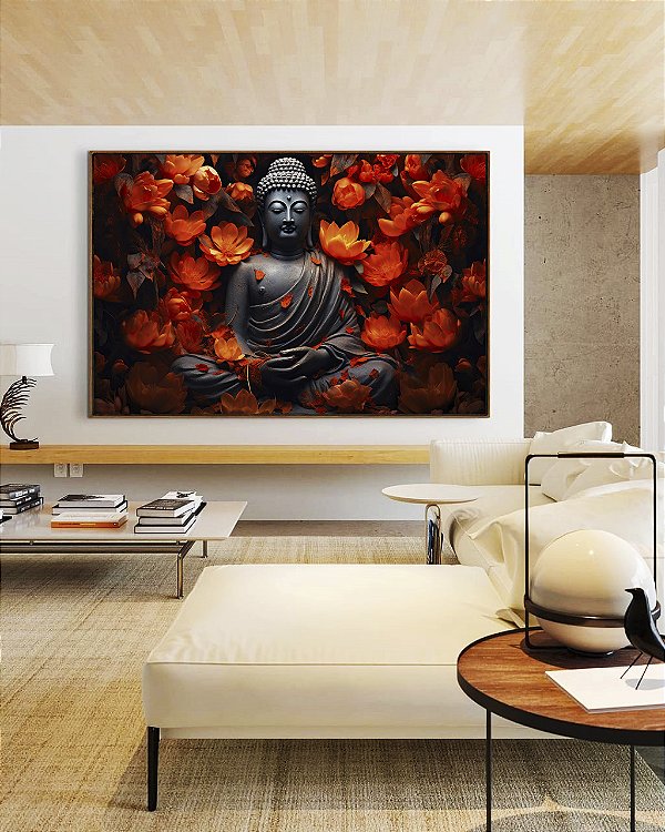 Quadro Horizontal Buda Cinza Pedra Flor de Lótus Laranja Vermelho Canvas Moldura