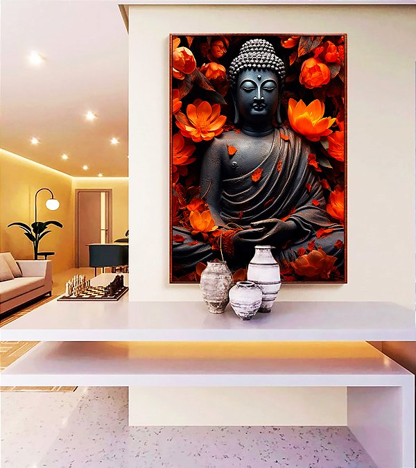 Quadro Vertical Buda Cinza Pedra Flor de Lótus Laranja Vermelho Canvas Moldura