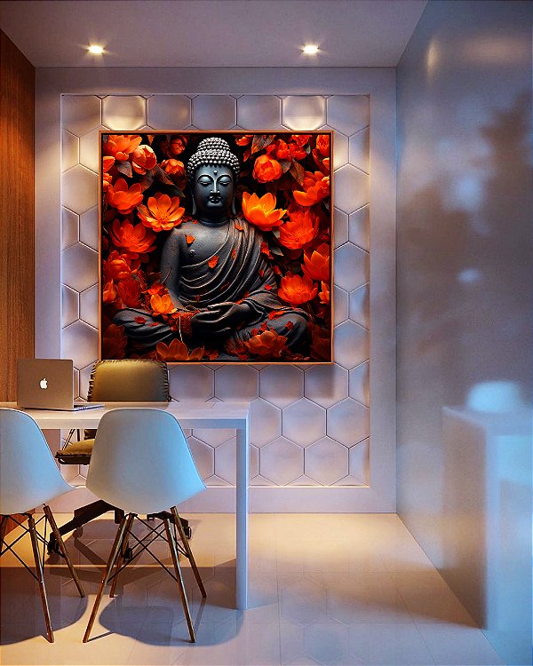 Quadro Quadrado Buda Cinza Pedra Flor de Lótus Laranja Vermelho Canvas Moldura