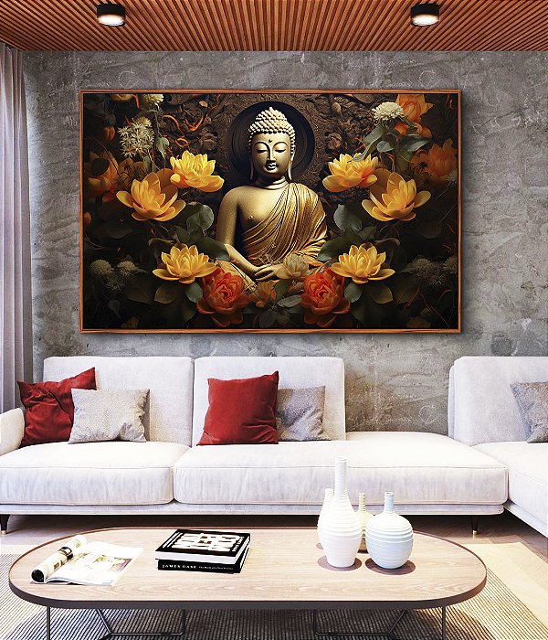 Quadro Horizontal Buda Bronze Flores Amarelo Laranja Canvas Moldura
