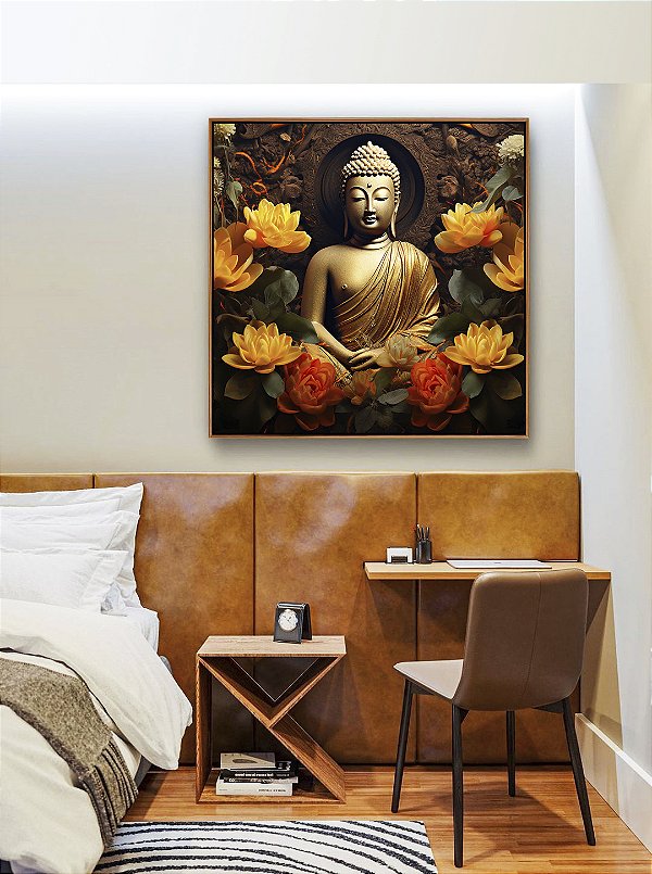 Quadro Quadrado Buda Bronze Flores Amarelo Laranja Canvas Moldura
