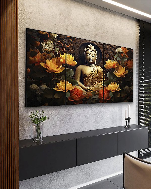Trio de Quadros Vertical Buda Bronze Flores Amarelo Laranja Canvas Moldura