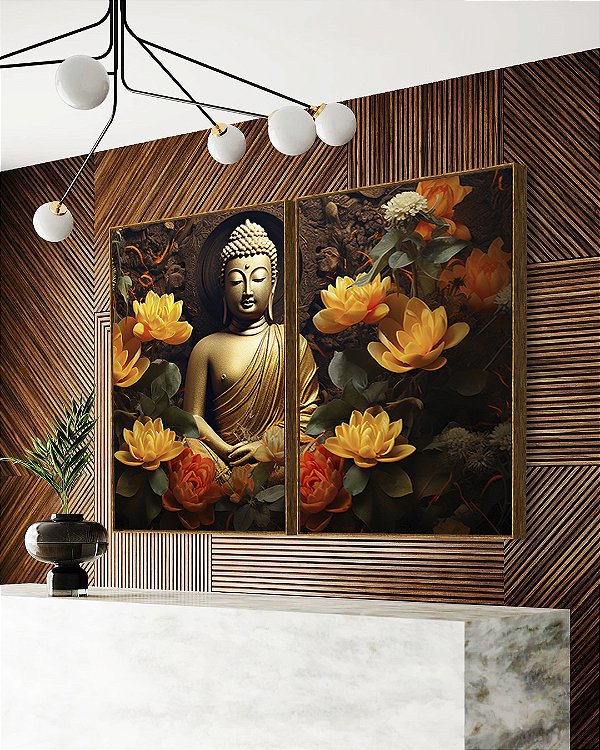 Duo de Quadros Buda Bronze Flores Amarelo Laranja Canvas Moldura