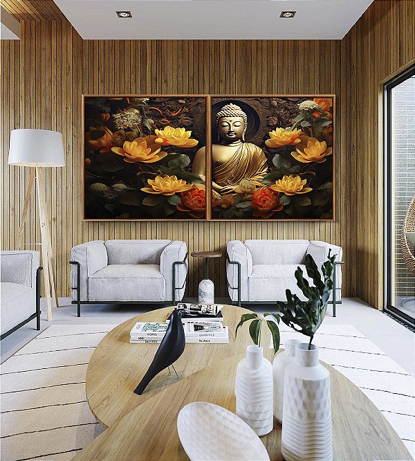 Duo de Quadros Quadrados Buda Bronze Flores Amarelo Laranja Canvas Moldura