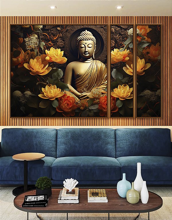 Trio de Quadros Estilizados Buda Bronze Flores Amarelo Laranja Canvas Moldura