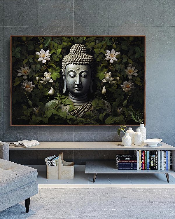 Quadro Horizontal Buda Cinza Pedra Flores Brancas Folhas Verdes Canvas Moldura