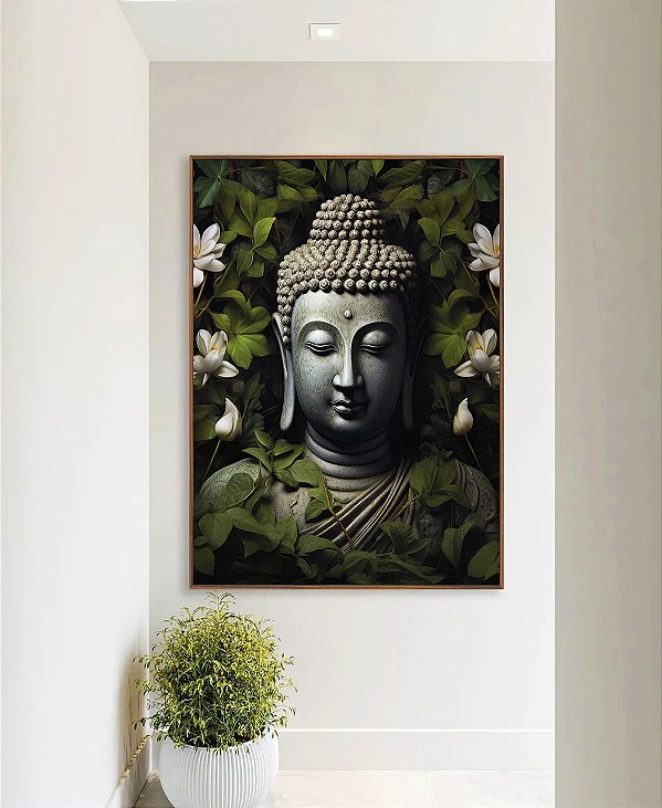 Quadro Vertical Buda Cinza Pedra Flores Brancas Folhas Verdes Canvas Moldura