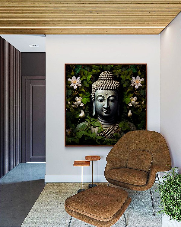 Quadro Quadrado Buda Cinza Pedra Flores Brancas Folhas Verdes Canvas Moldura