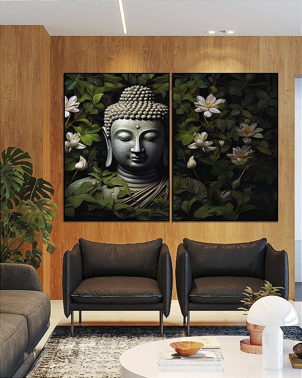 Duo de Quadros Buda Cinza Pedra Flores Brancas Folhas Verdes Canvas Moldura