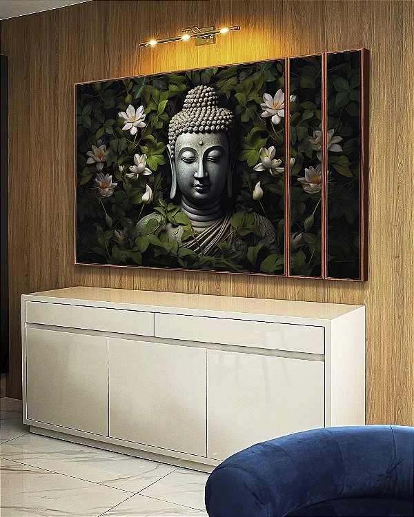 Trio de Quadros Estilizados Buda Cinza Pedra Flores Brancas Folhas Verdes Canvas Moldura