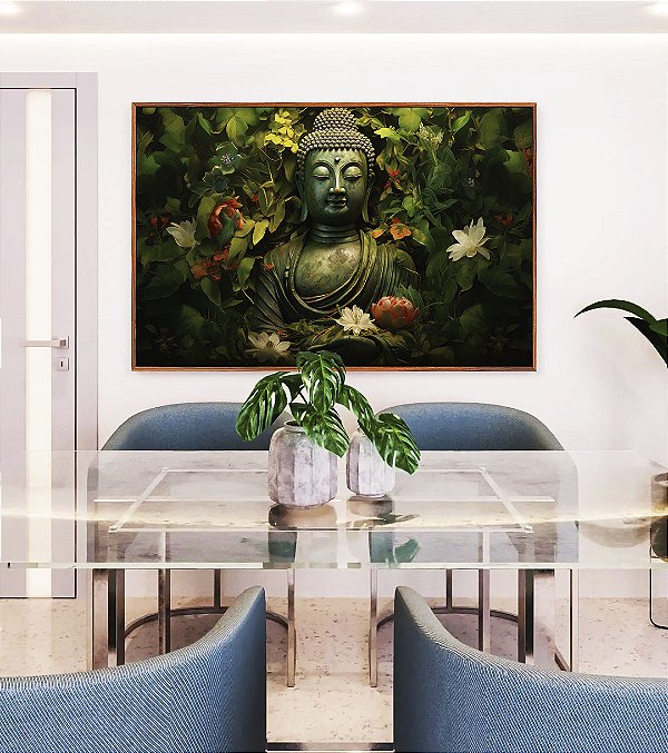Quadro Horizontal Buda Pedra Verde Folhagem e Flores de Lótus Canvas Moldura