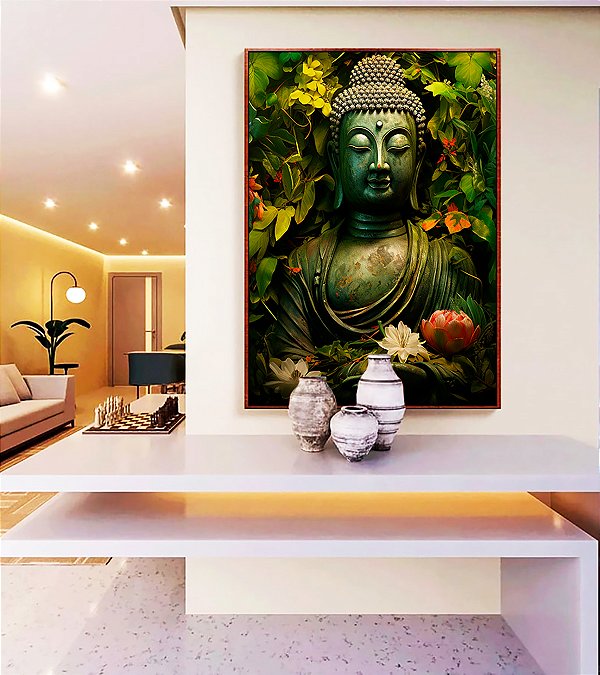Quadro Vertical Buda Pedra Verde Folhagem e Flores de Lótus Canvas Moldura