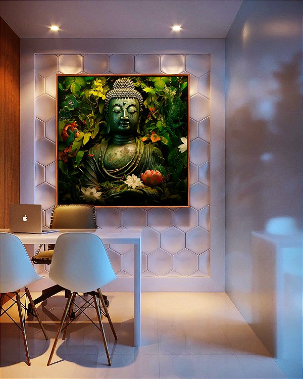 Quadro Quadrado Buda Pedra Verde Folhagem e Flores de Lótus Canvas Moldura