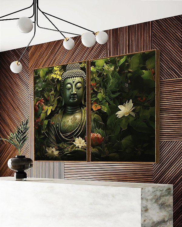 Duo de Quadros Buda Pedra Verde Folhagem e Flores de Lótus Canvas Moldura