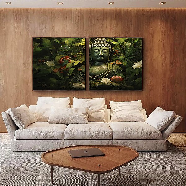 Duo de Quadros Quadrados Buda Pedra Verde Folhagem e Flores de Lótus Canvas Moldura