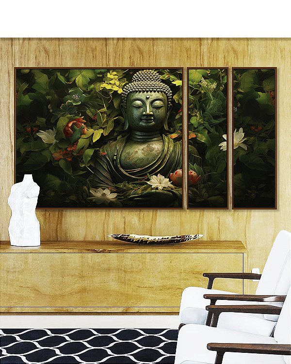 Trio de Quadros Estilizados Buda Pedra Verde Folhagem e Flores de Lótus Canvas Moldura