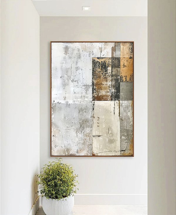 Quadro Vertical Abstrato Tons Neutros Bege Cinza Concreto Laranja Canvas Moldura