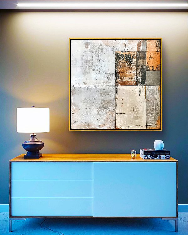 Quadro Quadrado Abstrato Tons Neutros Bege Cinza Concreto Laranja Canvas Moldura