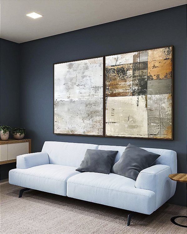 Duo de Quadros Abstrato Tons Neutros Bege Cinza Concreto Laranja Canvas Moldura