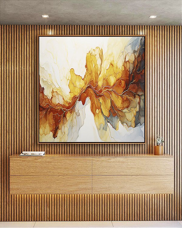 Quadro Quadrado Arte Fluida Pouring Amarelo Dourado Cinza Canvas Moldura