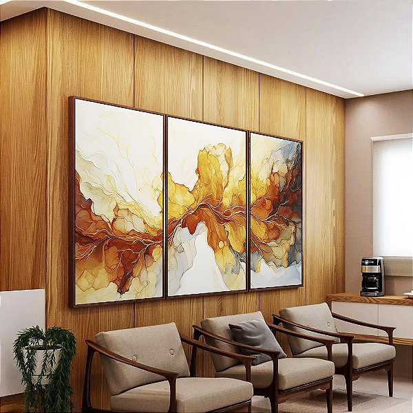 Trio de Quadros Arte Fluida Pouring Amarelo Dourado Cinza Canvas Moldura