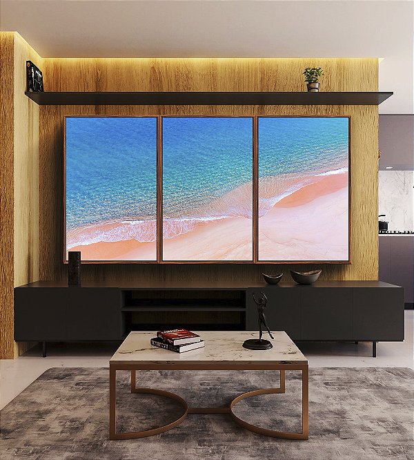 Trio de Quadros Praia Areia Clara Mar Azul Turquesa Canvas Moldura