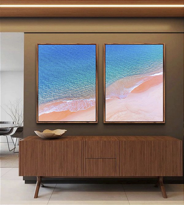 Duo de Quadros Praia Areia Clara Mar Azul Turquesa Canvas Moldura