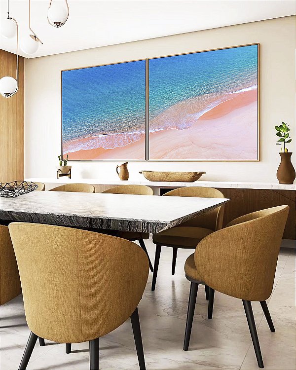 Duo de Quadros Quadrados Praia Areia Clara Mar Azul Turquesa Canvas Moldura