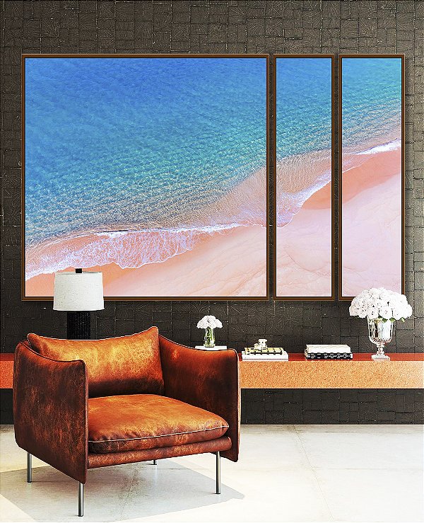 Trio de Quadros Estilizados Praia Areia Clara Mar Azul Turquesa Canvas Moldura