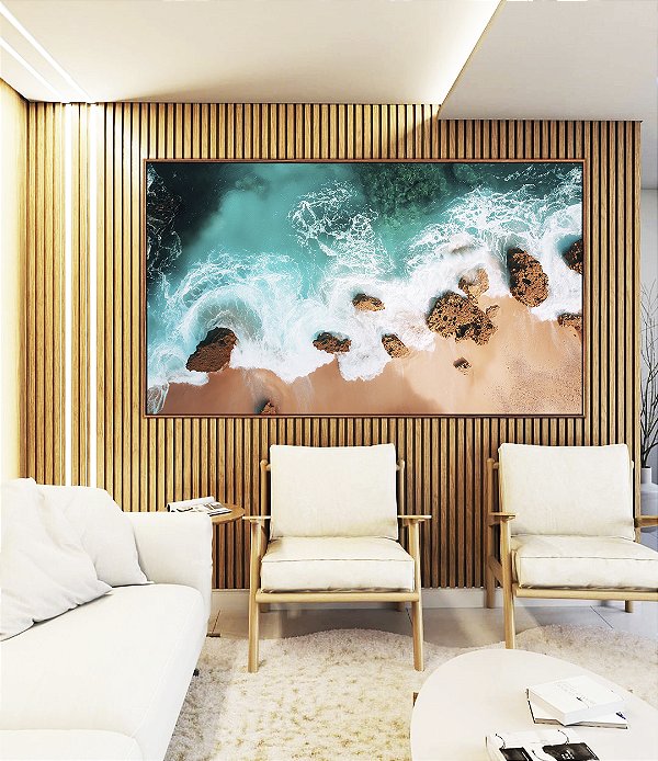 Quadro Horizontal Praia Turquesa Pedras e Areia Canvas Moldura