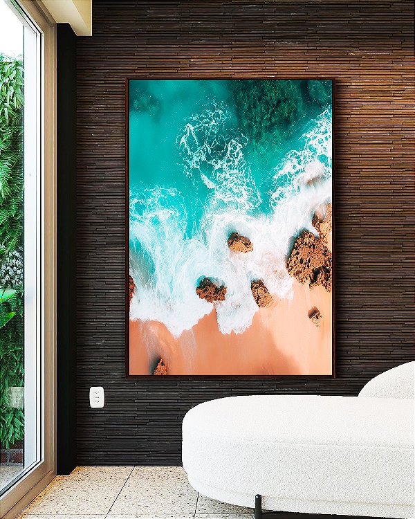 Quadro Vertical Praia Turquesa Pedras e Areia Canvas Moldura