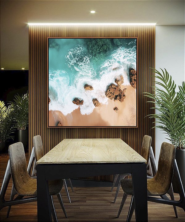 Quadro Quadrado Praia Turquesa Pedras e Areia Canvas Moldura