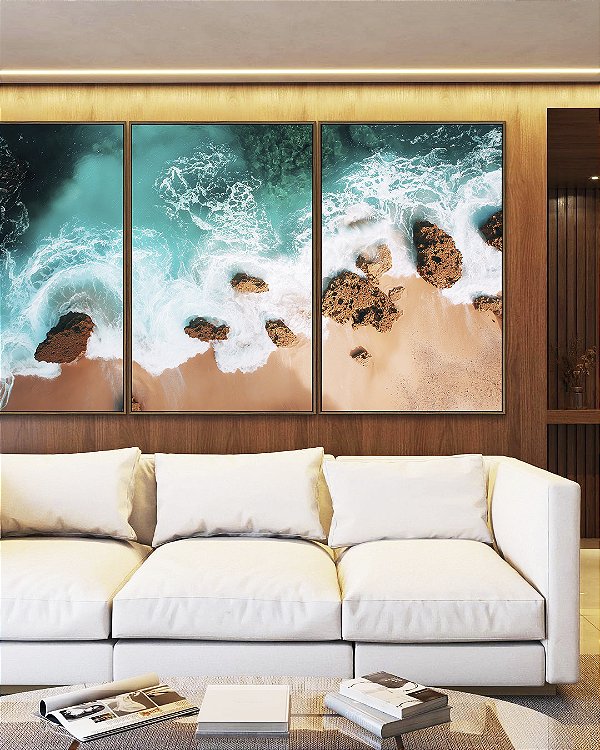 Trio de Quadros Praia Turquesa Pedras e Areia Canvas Moldura