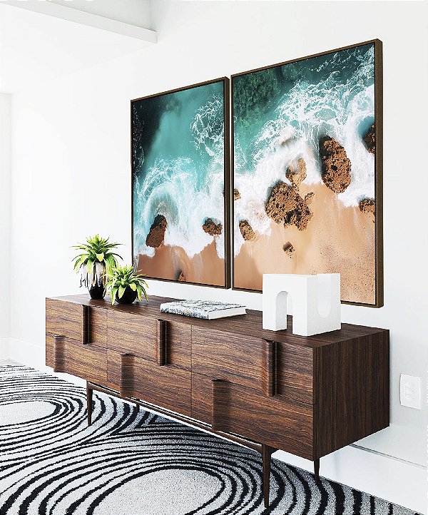 Duo de Quadros Praia Turquesa Pedras e Areia Canvas Moldura