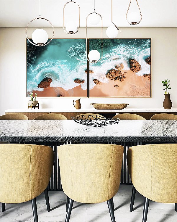 Duo de Quadros Quadrados Praia Turquesa Pedras e Areia Canvas Moldura