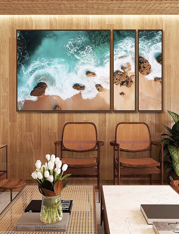 Trio de Quadros Estilizados Praia Turquesa Pedras e Areia Canvas Moldura