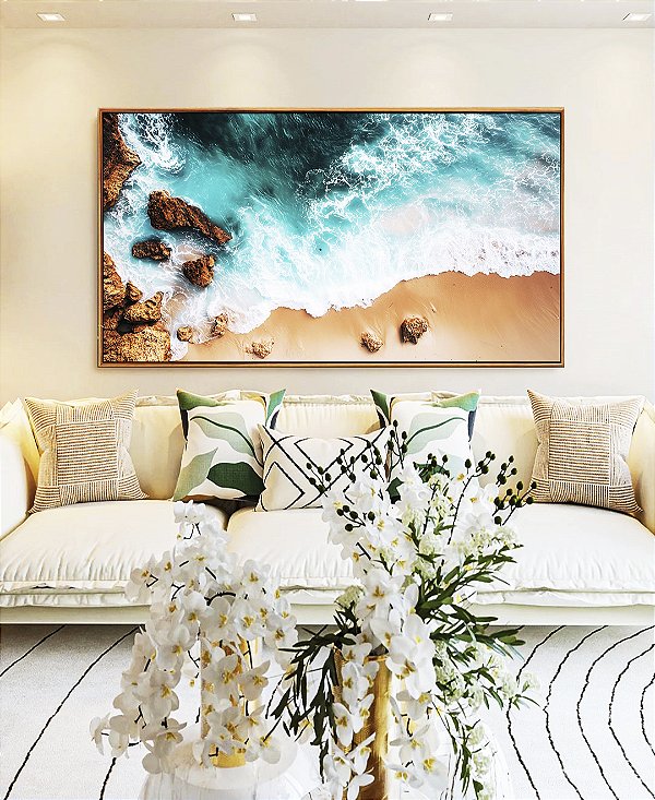 Quadro Horizontal Mar Turquesa Praia e Pedras Natureza Canvas Moldura