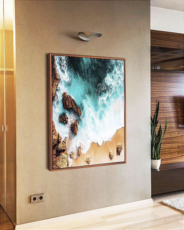 Quadro Vertical Mar Turquesa Praia e Pedras Canvas Moldura