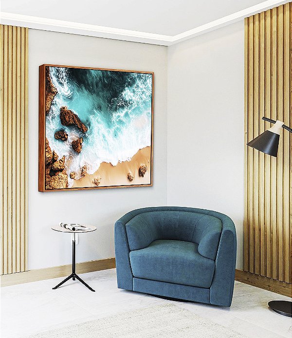 Quadro Quadrado Mar Turquesa Praia e Pedras Canvas Moldura